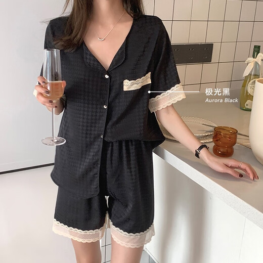 La version coréenne de Yilan de Sweet Lace Houndstooth Ice Silk Pyjamas pour les shorts à manches courts d'été pour femmes vêtements de soie simulés à la maison deux pièces # YX-9214 M 75-98Jin [Jin est égal à 0,5 kg]