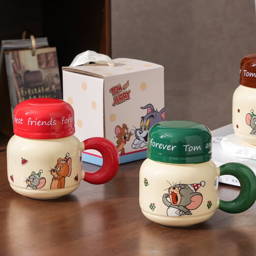 Genuinely authorized Tom and Jerry cartoon ceramic mug for office students with lid, large-capacity children's cute mug, round cup - upright style 1 piece 520ml