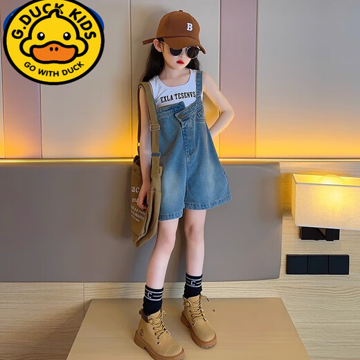 G.DUCKKIDS儿童牛仔背带裤2025新款夏装小女孩儿童休闲短裤百搭薄款套装 白色字母背心 150 建议身高145cm左右