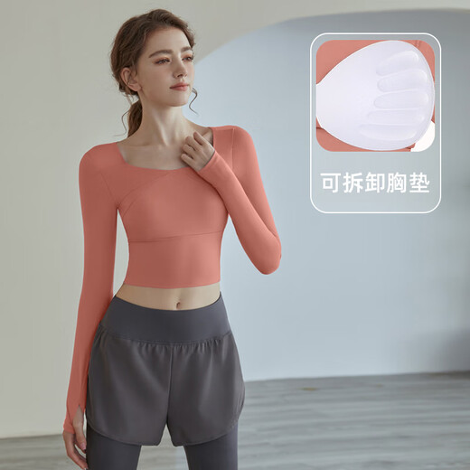 Bright dip fitness wear long sleeves with chest pad yoga T-shirt short internet celebrity running tight Pilates training sports top for women Berry Purple S