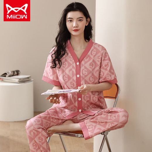 猫人 MIIOW睡衣女春夏短袖长裤开衫韩版可爱V领夏天家居服全纯棉套装 YSH-9737#开衫 M 码80-100斤