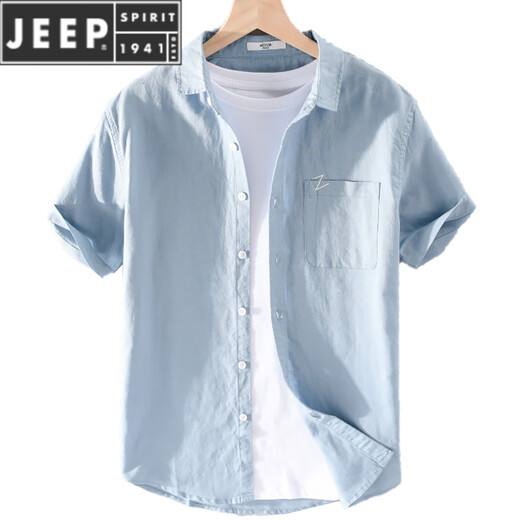 JEEP SPIRIT亚麻短袖衬衫男士夏季2025新款休闲棉麻大码白色薄款衬衣男款 9711蓝色 M 【100-110斤】