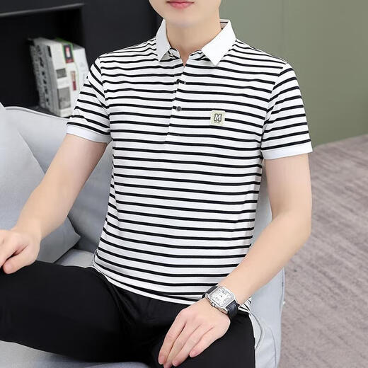 森马（Semir）商场同款男装夏季条纹男士短袖体恤纯棉休闲百搭polo衫男装中年带 黑白QY753 3XL [建议160-180斤]