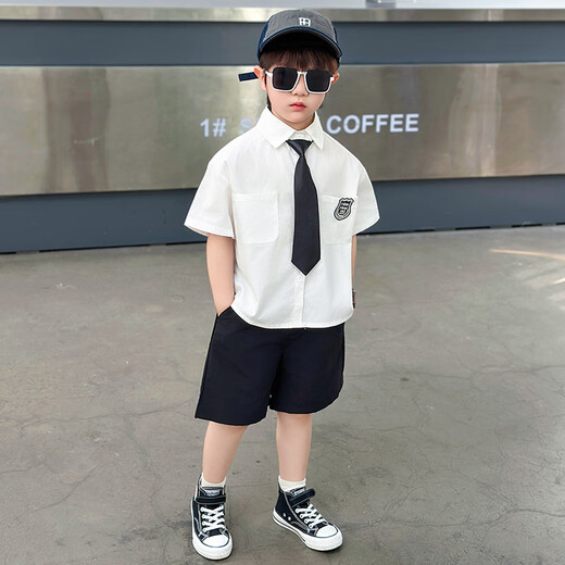 G.DUCKKIDS Little Yellow Duck Boys Suit Summer College Style Children's Suit Performance Suit Boys White Shirt Black Pants Two-piece Set White Shirt + Black Pants + Tie 140 Recommended for 9 to 10 years old [130-140cm]cm