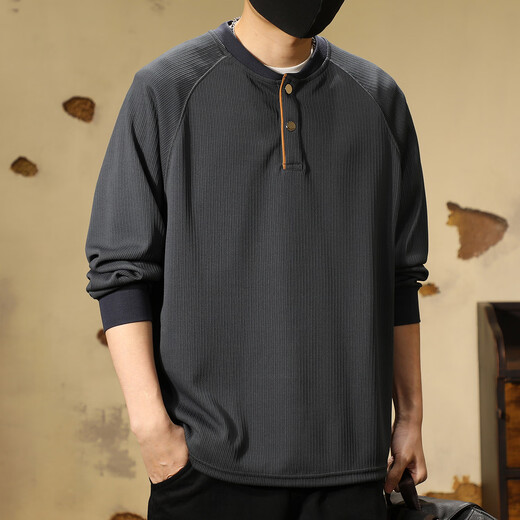 Ten Cranes American Retro Heavy Henley Neck Sweatshirt Men's Fall Trendy Loose Casual Texture Long Sleeve T-Shirt Black (280g Heavy Henley Neck Sweatshirt) 4XL (200-220Jin Jin is equal to 0.5 kg)