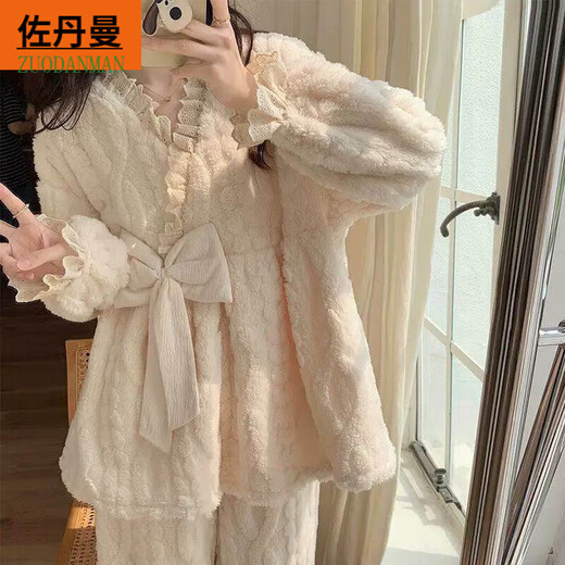 GFXM睡衣女冬款珊瑚绒加绒加厚2023年新款可爱公主法兰绒秋冬季家居服 绒款-9901#杏色 M 70-90斤