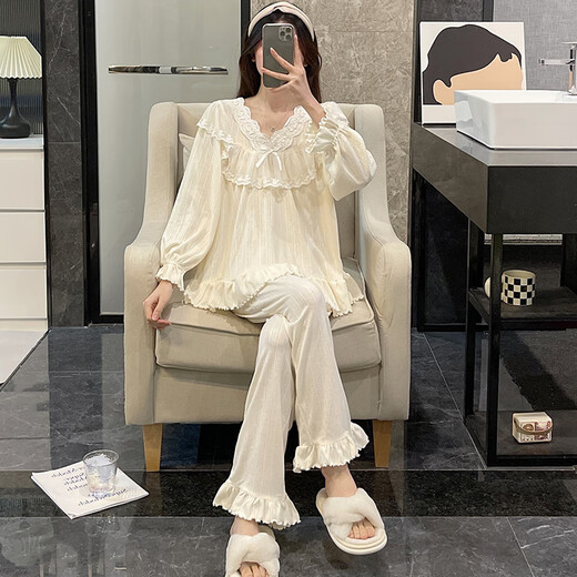 雅鹿蕾丝花边长袖睡衣女新款春秋季纯棉甜美公主风学生休闲家居服套装 KYX-9904#粉色(双长) M