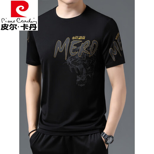 
Pierre cardin light luxury summer new ice silk short-sleeved T-shirt for young and middle-aged men round neck print trendy thin top half sleeve black 733 M 165 [recommended 100-120 Jin [Jin equals 0.5 kg]]