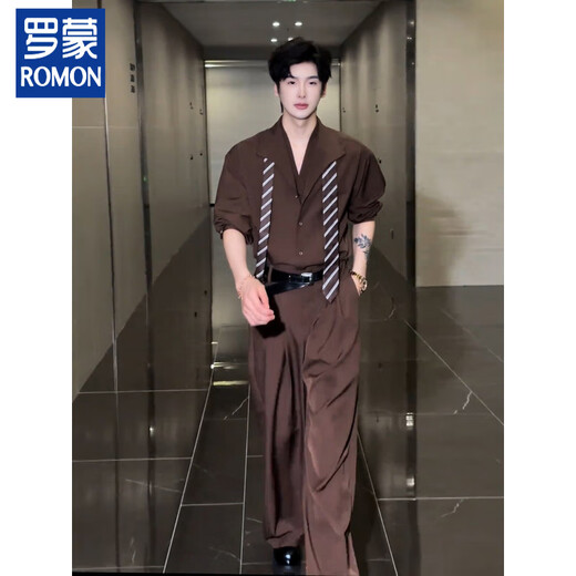 ROMON Maillard old money style male model high-end suit Korean design fake two-piece suit collar shirt drape trousers black suit 2XL