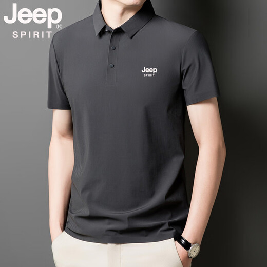 JEEP SPIRITJEEP Jeep Ice Silk Seamless POLO Shirt Men's Summer Thin Breathable Dad Short-Sleeved Lapel Loose Ice Top Dark Gray JPBL12357 3XL Recommended weight 160-180Jin Jin equals 0.5 kg