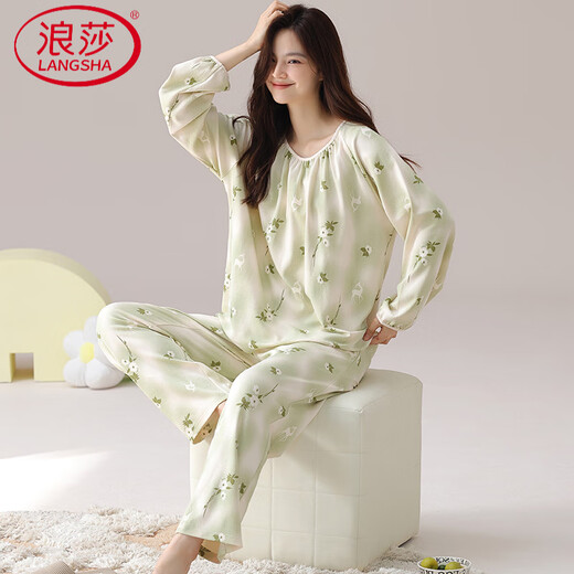 浪莎（LangSha）春秋季长袖大码睡衣套装女棉带胸垫一体国风家居服学生宽松夏冬天 HRY1047 M (建议75-95斤)