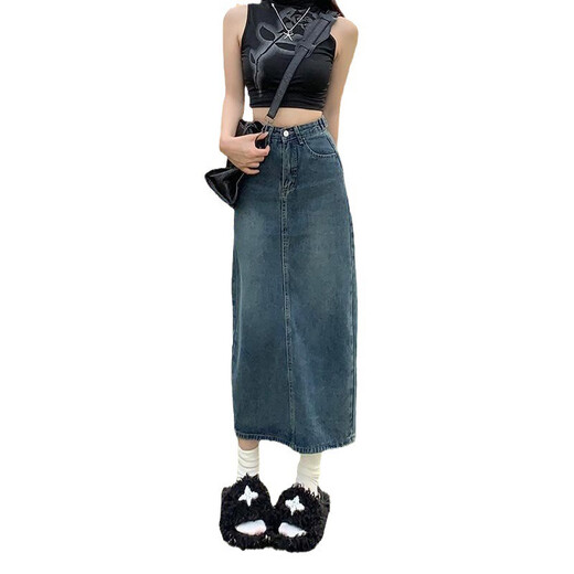 Zhewe hoher Taillenschlitz-Jeansrock für Frauen im Jahr 2024 neuer Sommer kleiner A-Line-Rock Retro Hip-Packing Long Rock Schwarz #3878 XS