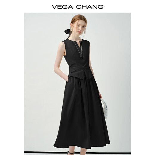 VEGA CHANG dress summer women's 2025 new commuting casual V-neck waist slimming fake two-piece vest skirt clever beige M