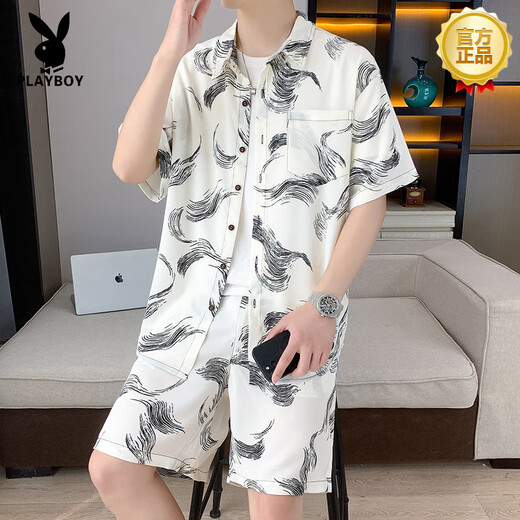 Playboy (Playboy) Suit de chemise à manches courtes en mousseline de mousseline haut de gamme Suit à manches courtes de voyage d'été masculin et shorts de plage de vacances associés à une chemise 679 mètres blancs blanc xl 125-140jin [Jin est égal à 0,5 kg]