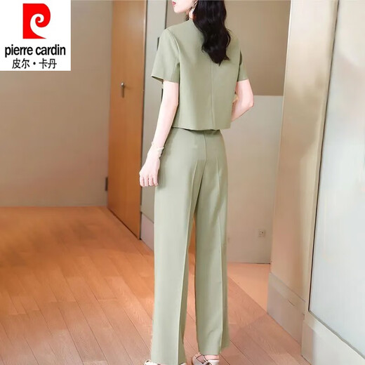 皮尔卡丹（pierre cardin）时尚套装女夏季2025新款洋气显瘦御姐圆领短袖衬衫直筒裤两件套女 12608-绿色套装 2XL 【建议125-140斤】