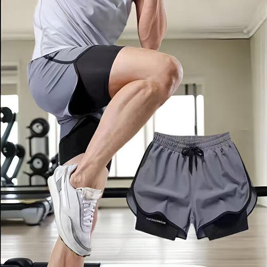 Sports shorts for men's fitness running marathon track and field loose three-quarter pants quick-drying lining anti-exposure double-layer shorts double-layer printed shorts black XL