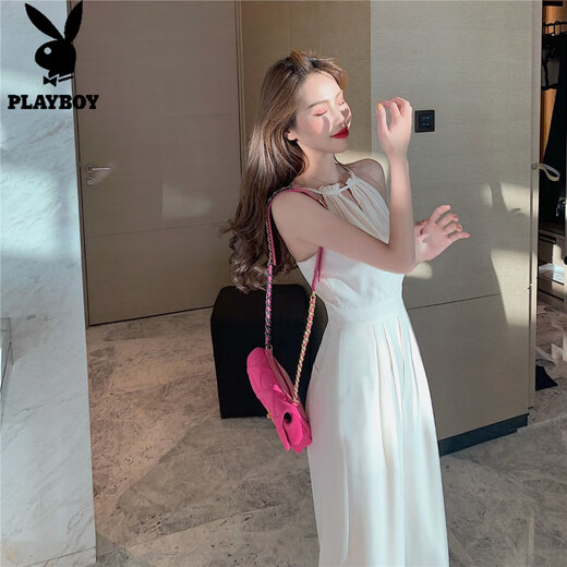 Playboy; Playboy Summer 2025 White Hollow à sauts en combinaison Nouveau tempérament Temps de cou de licolon sans manches à épaules éteintes pour les femmes hautes taille pantalon largeur blanc S 70 à 95 poids