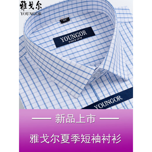 雅戈尔短袖衬衫男夏季薄款纯棉中年商务免烫宽松格子正装衬衣 短袖DX6630 38 建议【70-95斤】