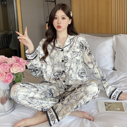 Modal 2025 New Gold Samt Pyjamas für Frauen im Frühjahr und Frühjahr Herbst, langärmelige Strickjacke-Tintenmalerei High-End-Heimkleidung kann außerhalb von 5009 m empfohlen werden 80-100jin [Jin Equals gleich 0,5 kg]
