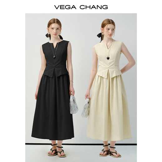 VEGA CHANG dress summer women's 2025 new commuting casual V-neck waist slimming fake two-piece vest skirt clever beige M