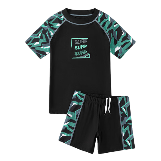 He Jiagong Teenage Children's Swimsuit Male Junior High School Student Exam Training Fat Boy Children's Swimming Cap and Swimming Goggles Three-piece Set Black and Green + Swimming Cap + Swimming Goggles Earplugs and Nose Clip S (45-65Jin Jin equals 0.5kg) 165