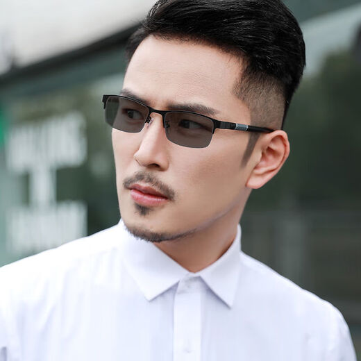 韩版变色近视眼镜男款高档半框金属可配有度数眼睛防蓝光平光潮 黑色框变色灰片 防蓝光平光镜+镜盒镜布【0度】