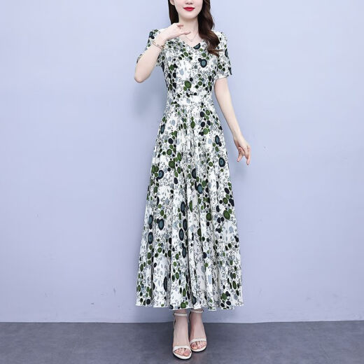 DRYWORLD2025 new summer chiffon floral dress with large size fat mm waist slimming and long skirt covering belly color [Apricot bottom red flower 9737 fashionable and versatile] 4XL