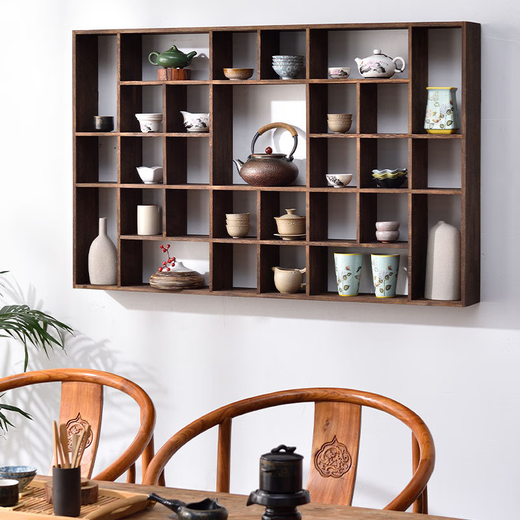 Sanqihu solid wood Duobaoge tea cup rack teapot tea set storage storage wall-mounted display rack Chinese retro tea re-burning special shape 4839 grid large size