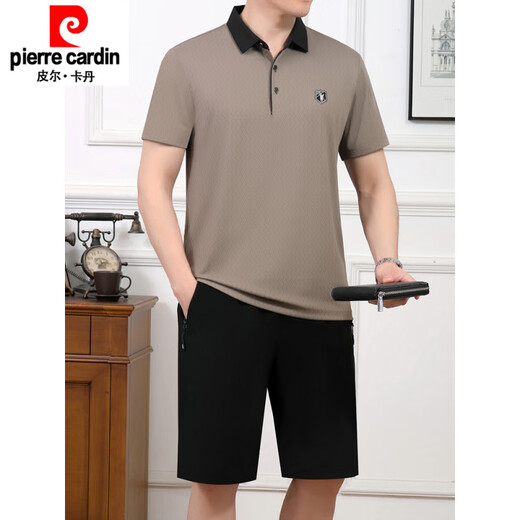 皮尔卡丹（pierre cardin）2025夏季新品中年男士爸爸父亲冰丝两件套短袖t恤短裤运动服套装 693暗红 XL 建议120斤----140斤体恤+裤子