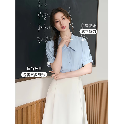 
Miss Bird blue short-sleeved chiffon shirt for women in summer career interview tops small formal shirt