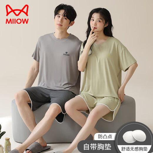 Catman (MiiOW) summer ice silk couple pajamas for women with breast pads for men large size home clothing set NS15806 women 15606 men main picture M women's style: