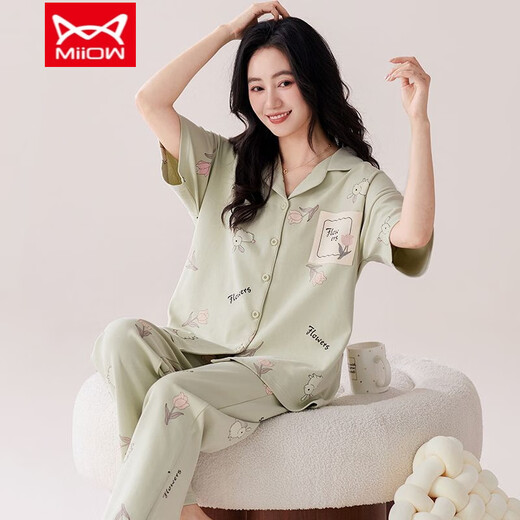 猫人（MiiOW）睡衣女士夏季纯棉短袖长裤家居服春夏天薄款开衫加大码 QNM-LMSJ-Q9929 M -【建议80斤-100斤】