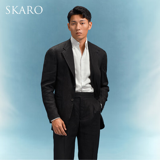 SKARO【亚麻&手工米兰眼】高端休闲西服套装男士夏季那不勒斯西装 黑色SKG1422A 44 码上衣【西裤尺码请备注】