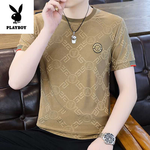 Playboy (PLAYBOY) high-end mulberry silk short-sleeved T-shirt men's 2025 summer thin silk t-shirt quick-dry half-sleeved men's top 867 black M [90-105Jin[Jin equals 0.5 kg]]