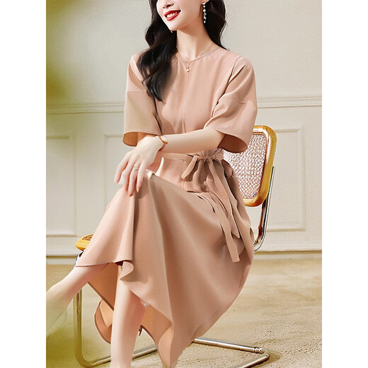 Olj Light Luxury Brand Seidenkleid für Frauen 2025 Sommer neuer kurzärmelige modische sanfte Temperament Mulberry Seidenrock Garnelpulver M Empfohlenes Gewicht 90-110jin [Jin gleich 0,5 kg] Kartencode zum großen Schießen groß