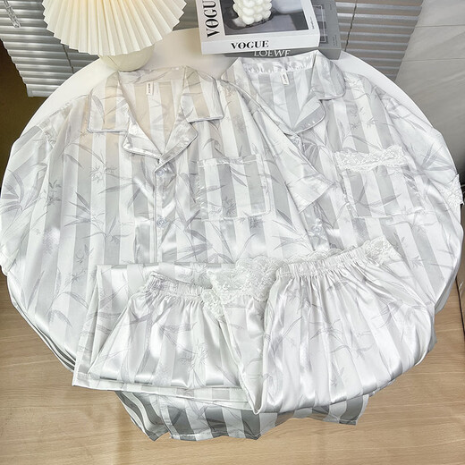 
Couple pajamas for women in summer ice silk short sleeves 2025 new Korean style striped men's women's home clothing set KAD-13571 double short women M