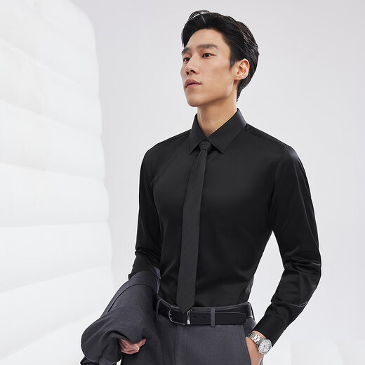 Youngor long-sleeved shirt men's cotton DP no-iron shirt high count plain shirt anti-wrinkle crisp stylish flat 2025 new black satin VLDP119699AJY 39 (170/88Y)
