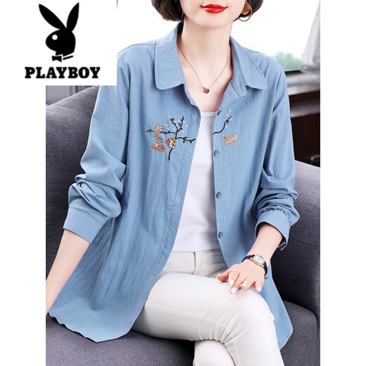 Playboy (PLAYBOY) pure cotton long-sleeved shirt women's tops 2025 spring and autumn new style middle-aged mother ladies large size versatile shirt jacket purple M recommended 85-105 Jin Jin equals 0.5 kg