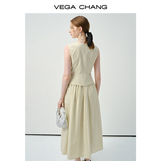 VEGA CHANG dress summer women's 2025 new commuting casual V-neck waist slimming fake two-piece vest skirt clever beige M