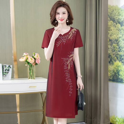 蒂默奇儿子结婚妈妈穿的喜庆衣服夏季婚礼高端洋气喜服酒红色连衣裙丈母 12222酒红色 短·袖·款 L 建议90-110斤