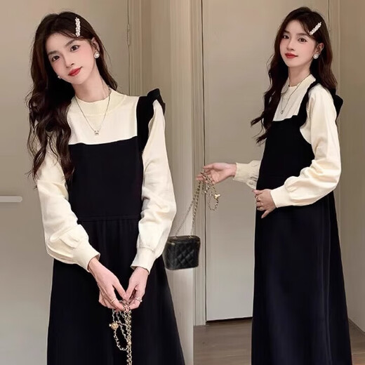 Robe des femmes enceinte printemps et automne français de style hepburn grande taille en vrac faux jupe tricotée en automne et hiver haut de gamme, faux jeu de deux pièces xxl
