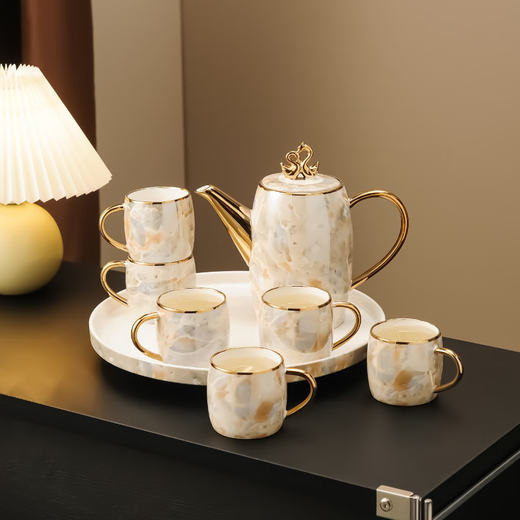 Yanze Light Luxury Wedding Gifts Wedding Gifts for the Couple Tea Set Glass Cup Ceramic Cup Housewarming Gift Swan Stone Pattern Eight-piece Set-Gift Box