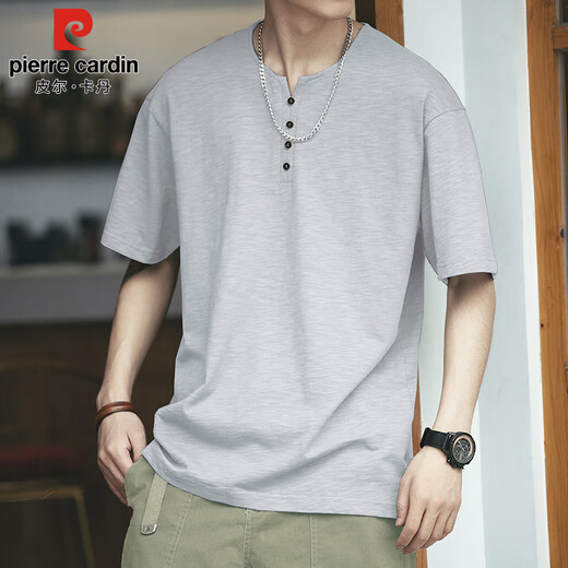 皮尔卡丹（pierre cardin）短袖T恤男夏季宽松薄款上衣男复古潮牌亨利领衣服男装 深灰 XL