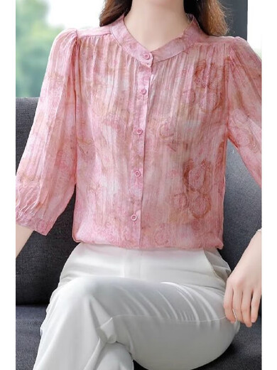 
New summer loose belly-covering temperament chiffon shirt for women with three-quarter sleeves shirt floral stand-up collar top for women Pink XL [Suggested 110-120Jin [Jin equals 0.5 kg]]