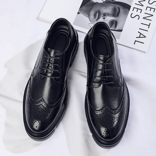 Mu Huisen (MUHUISEN) new spring product Brock carved thick sole men's shoes, height-enhancing shoes, cowhide business leather 3883 black 38