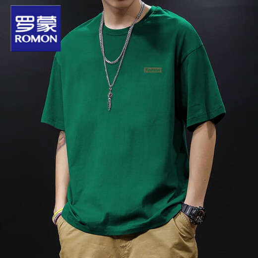 罗蒙（ROMON）重磅新疆棉纯棉夏季美式圆领短袖t恤男款日常宽松休闲潮牌短袖男T 绿色-1365短袖-100%纯棉 S 【建议90-115斤】