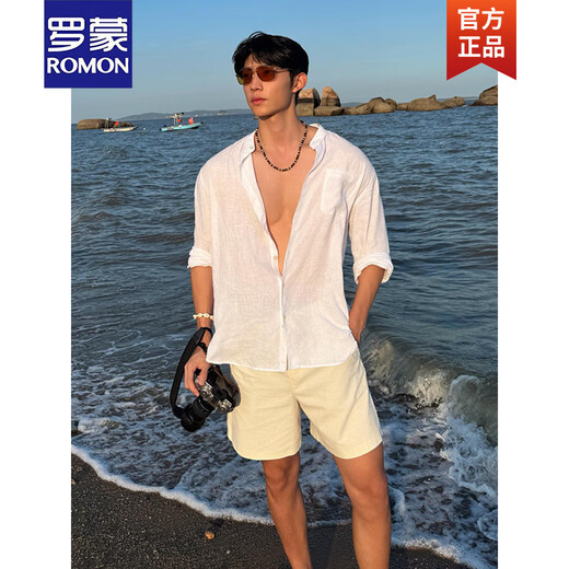 ROMON white Henry collar linen shirt men's summer and autumn old money style high-end sun protection shirt casual vacation style jacket black upgrade 90 buyers choose M 105120Jin Jin equals 0.5 kg