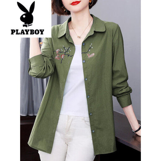 Playboy (PLAYBOY) pure cotton long-sleeved shirt women's tops 2025 spring and autumn new style middle-aged mother ladies large size versatile shirt jacket purple M recommended 85-105 Jin Jin equals 0.5 kg