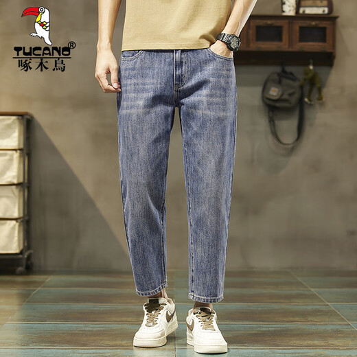 Woodpecker (TUCANO) high-end nine-point jeans for men's summer thin straight loose trend 2025 new elastic pants for men breathable and versatile 9901 nine-point blue (summer) thin model 32 sizes (2 feet 5)