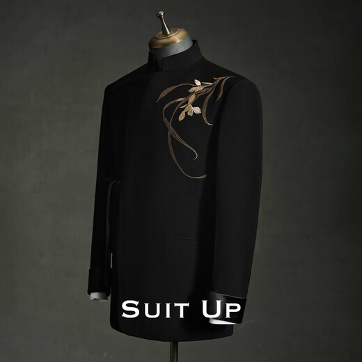 Xiuta Orchid Embroidery New Chinese Style Black Mao Suit Groom Wedding Engagement Chinese Style Gentleman Suit Formal Orchid Embroidery Top + Pants Two-piece Set XS 46A